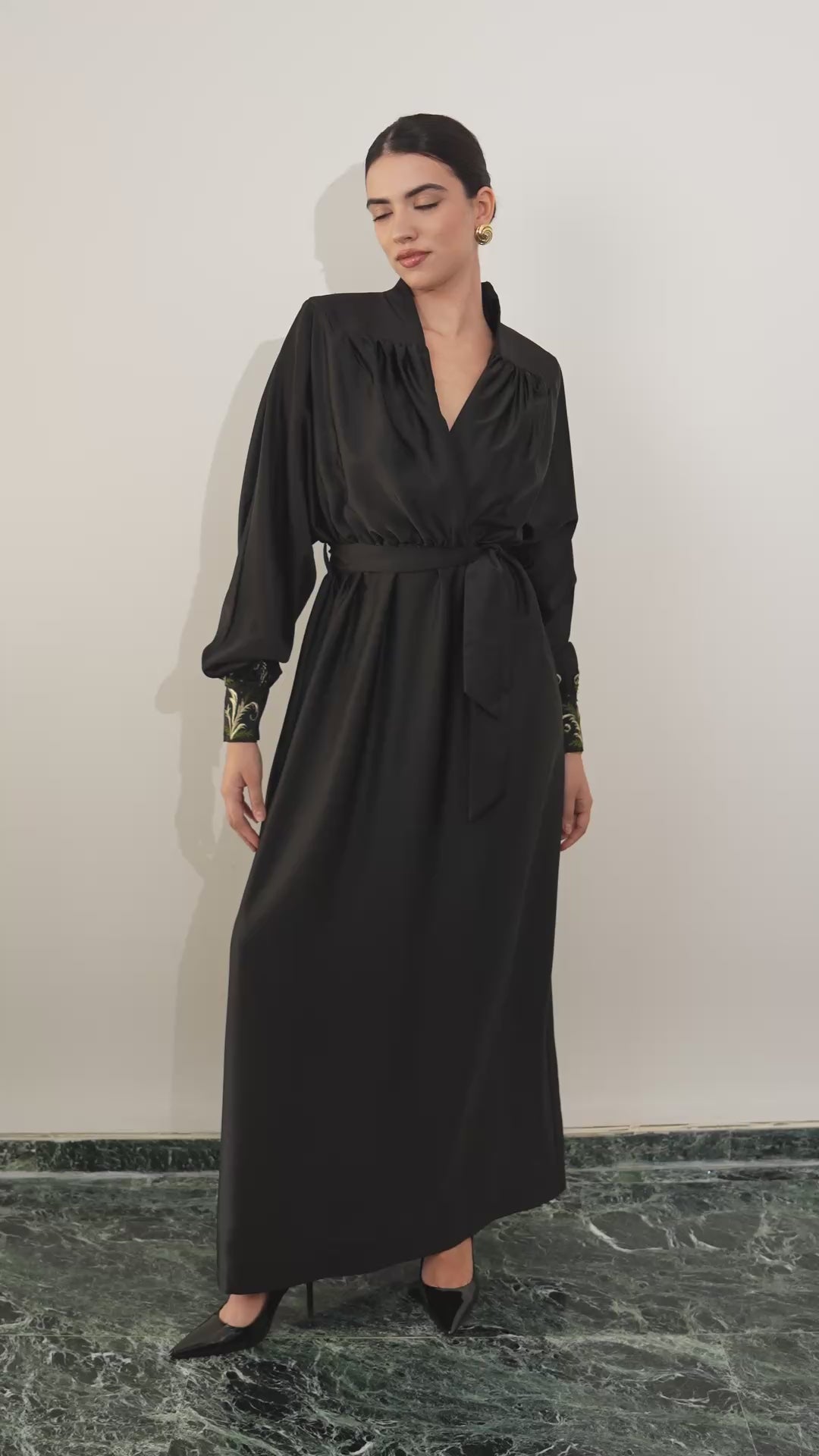 Black satin dress with handembroidered cuffs. Ramadan outfit. Eid outfit.