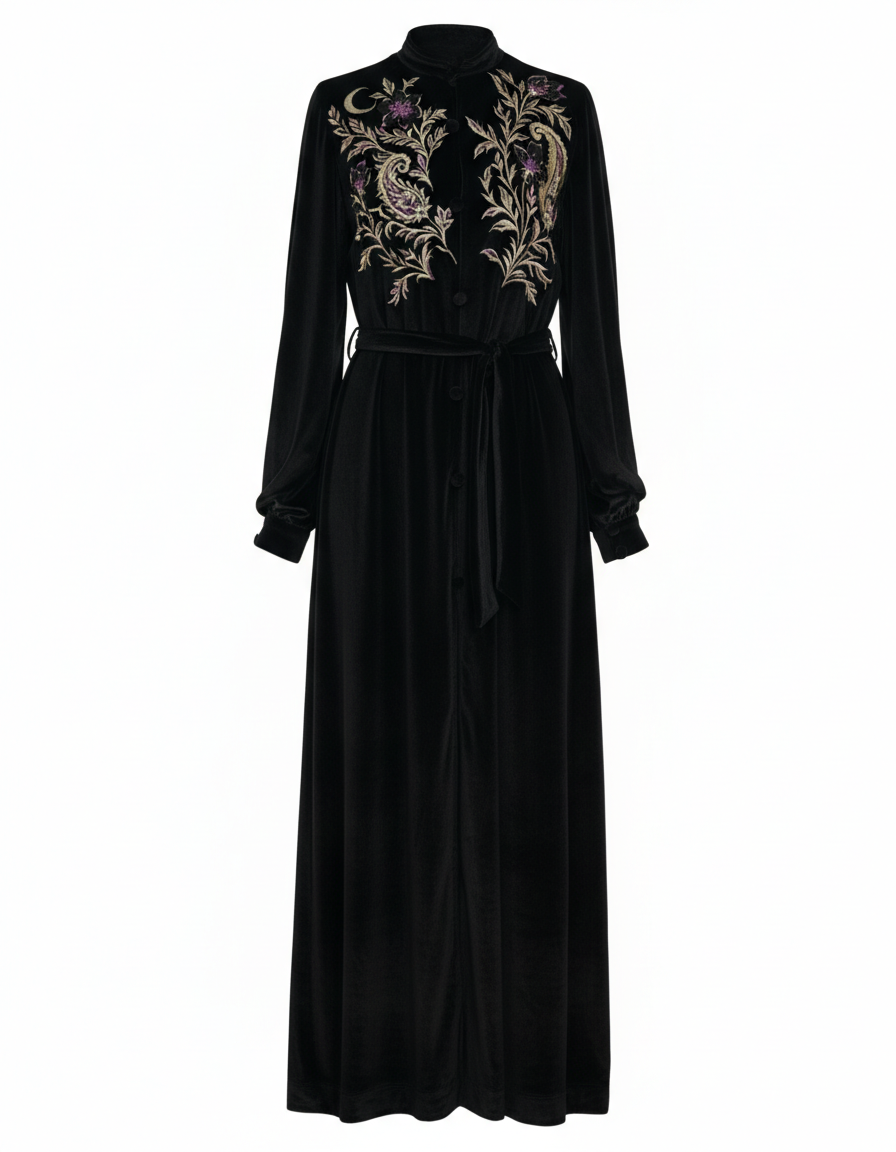 Black kimono with intricate  silk gold and purple embroidery on a white background